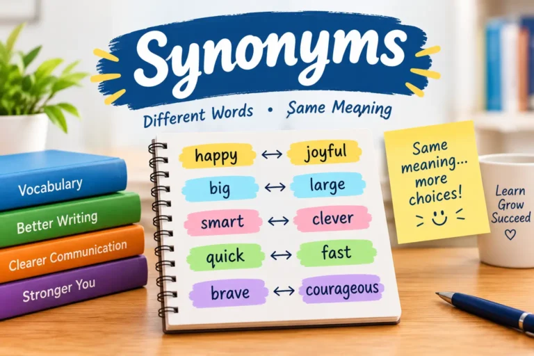 Synonyms educational feature image showing common synonym word pairs such as happy and joyful, big and large, smart and clever, quick and fast, and brave and courageous.