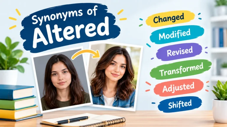 Synonyms of altered with changed, modified, revised, transformed, adjusted, and shifted concepts.