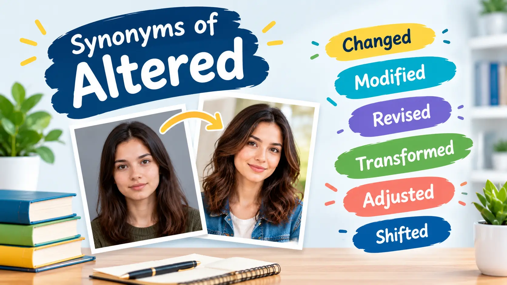 Synonyms of altered with changed, modified, revised, transformed, adjusted, and shifted concepts.