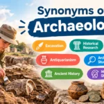 Synonyms of archaeology featuring an archaeologist excavating ancient artifacts, ruins, pottery, and related historical research terms.
