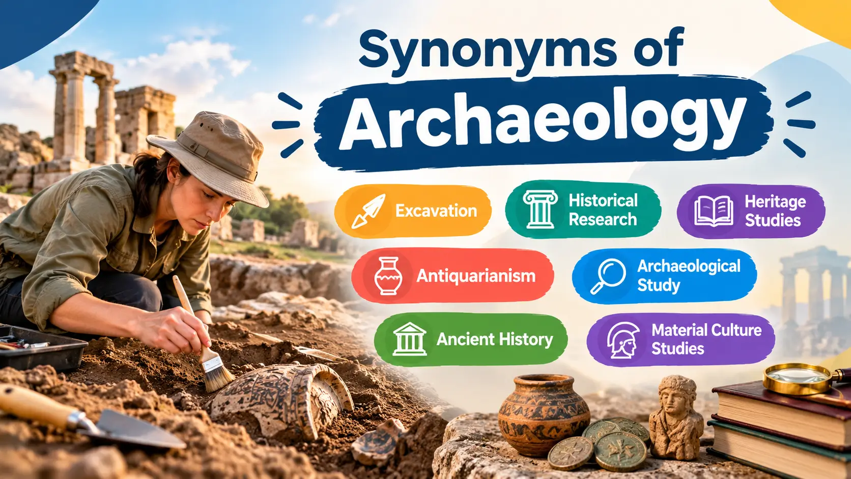 Synonyms of archaeology featuring an archaeologist excavating ancient artifacts, ruins, pottery, and related historical research terms.