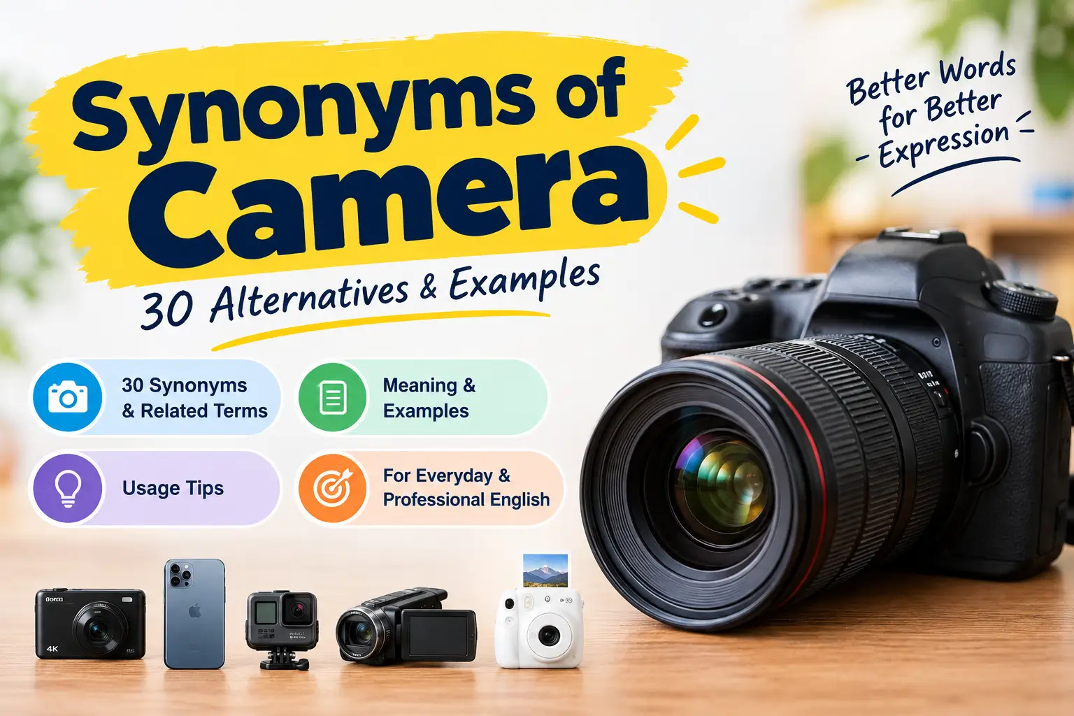 Synonyms of camera with 30 alternatives, related terms, and examples