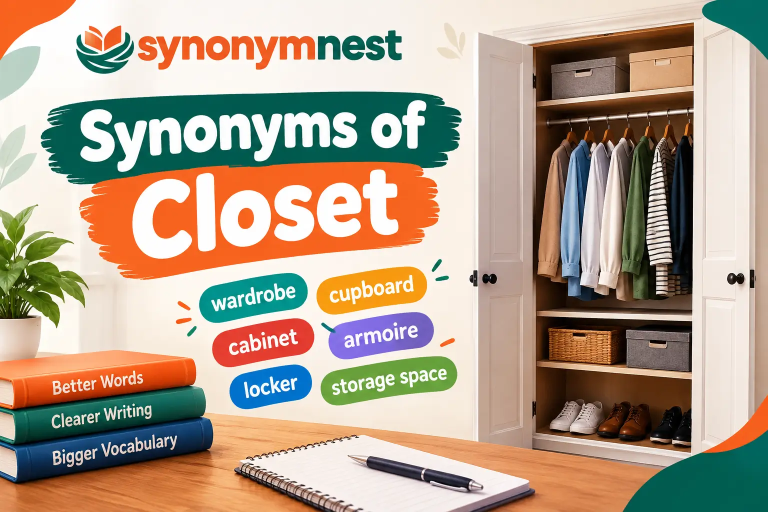 Synonyms of closet with wardrobe, cupboard, cabinet, armoire, and storage space