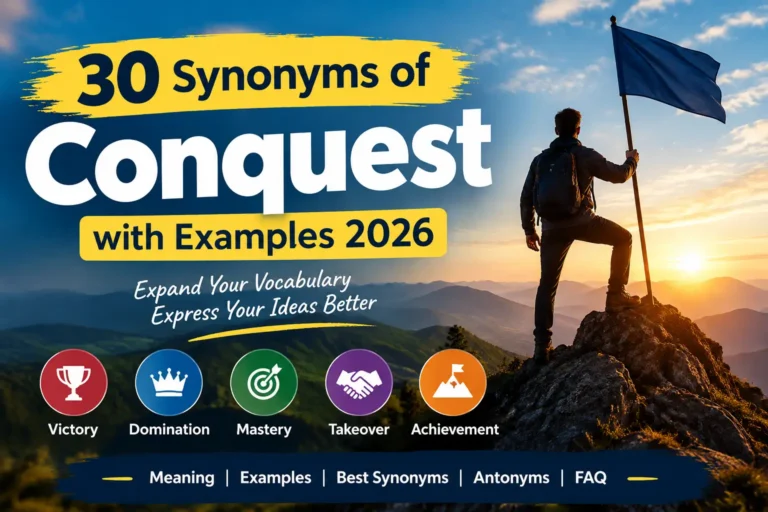 30 Synonyms of Conquest with Examples 2026 featuring victory, domination, mastery, takeover, and achievement.