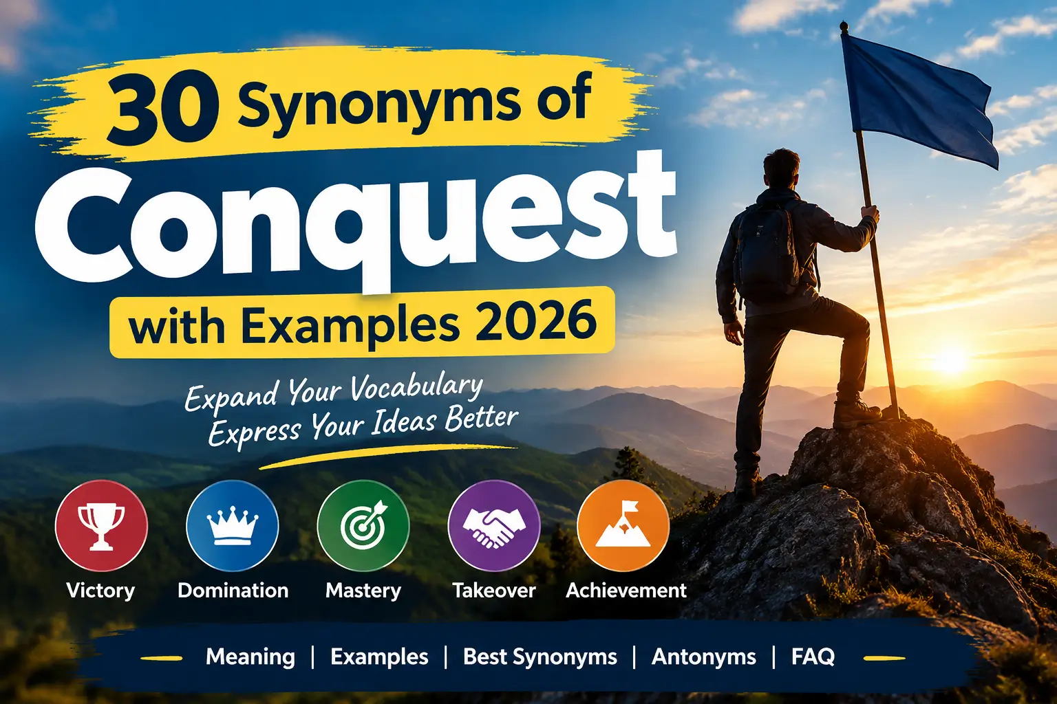 30 Synonyms of Conquest with Examples 2026 featuring victory, domination, mastery, takeover, and achievement.
