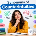 Synonyms of counterintuitive showing a thoughtful person with contrasting ideas and related words such as unexpected, contrary, opposite, paradoxical, contradictory, and unintuitive.