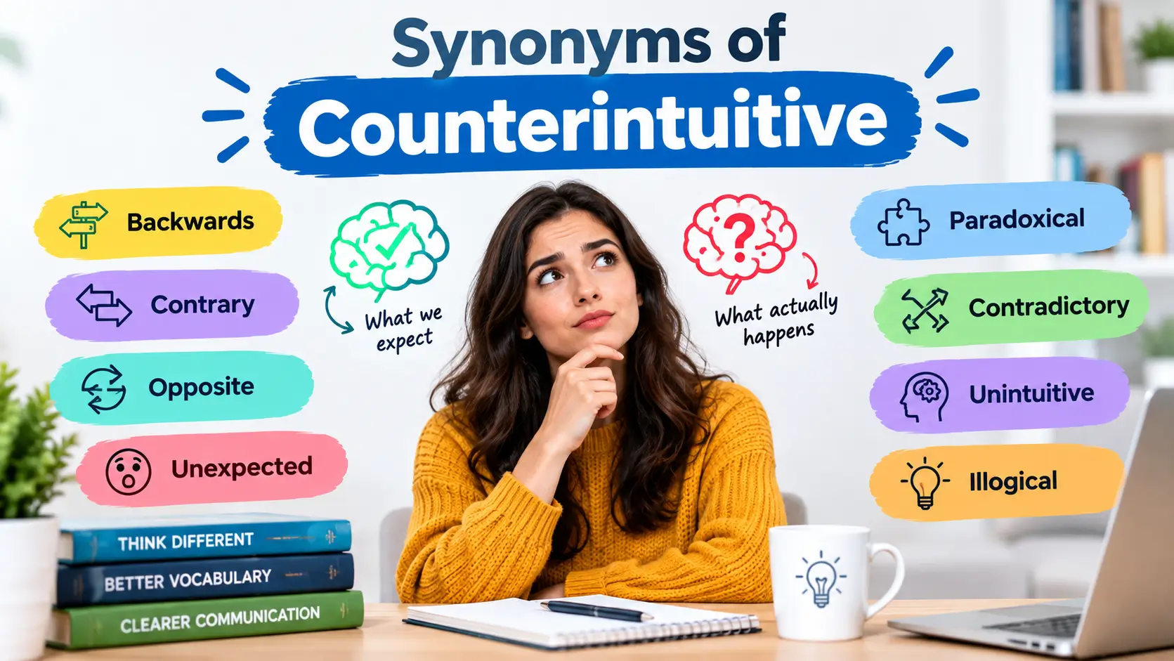 Synonyms of counterintuitive showing a thoughtful person with contrasting ideas and related words such as unexpected, contrary, opposite, paradoxical, contradictory, and unintuitive.