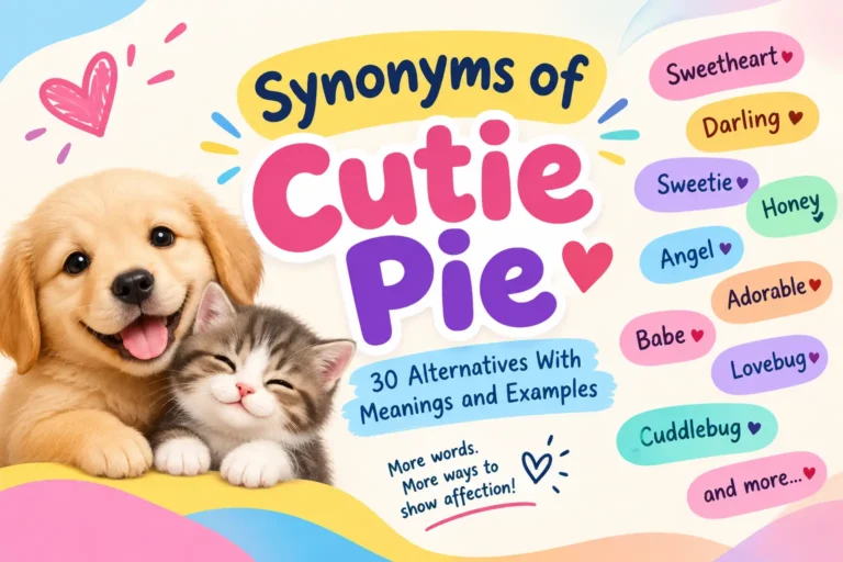 Synonyms of cutie pie with cute puppy and kitten representing affectionate alternatives