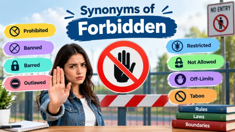 Synonyms of forbidden featuring a prohibition sign, no-entry barrier, and related words such as prohibited, banned, barred, outlawed, restricted, off-limits, and taboo.