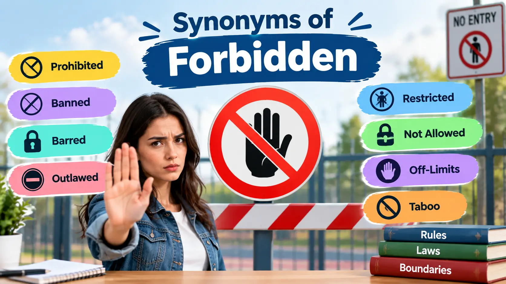 Synonyms of forbidden featuring a prohibition sign, no-entry barrier, and related words such as prohibited, banned, barred, outlawed, restricted, off-limits, and taboo.