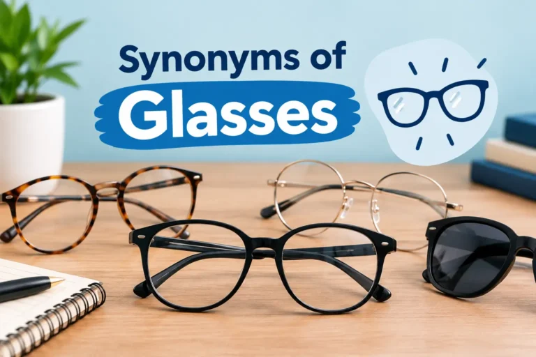 Synonyms of Glasses with different types of eyeglasses on a desk