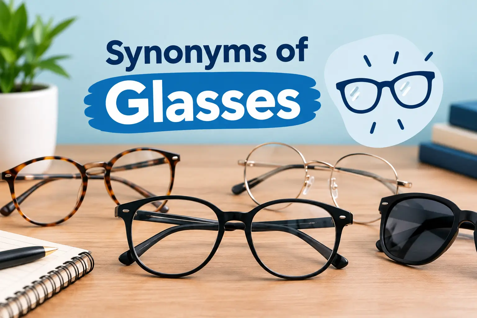 Synonyms of Glasses with different types of eyeglasses on a desk