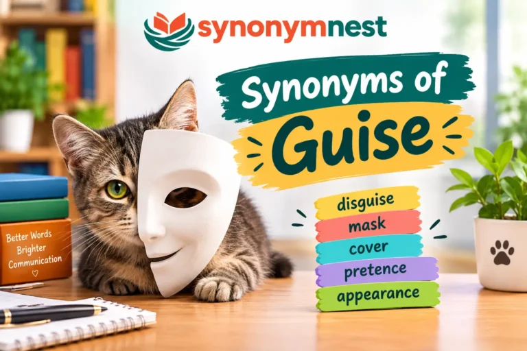 Synonyms of guise with a cat wearing a mask and colorful vocabulary cards.