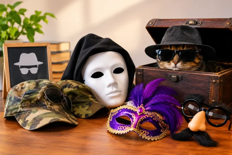 Synonyms of guise represented by masks, hats, sunglasses, and camouflage accessories.