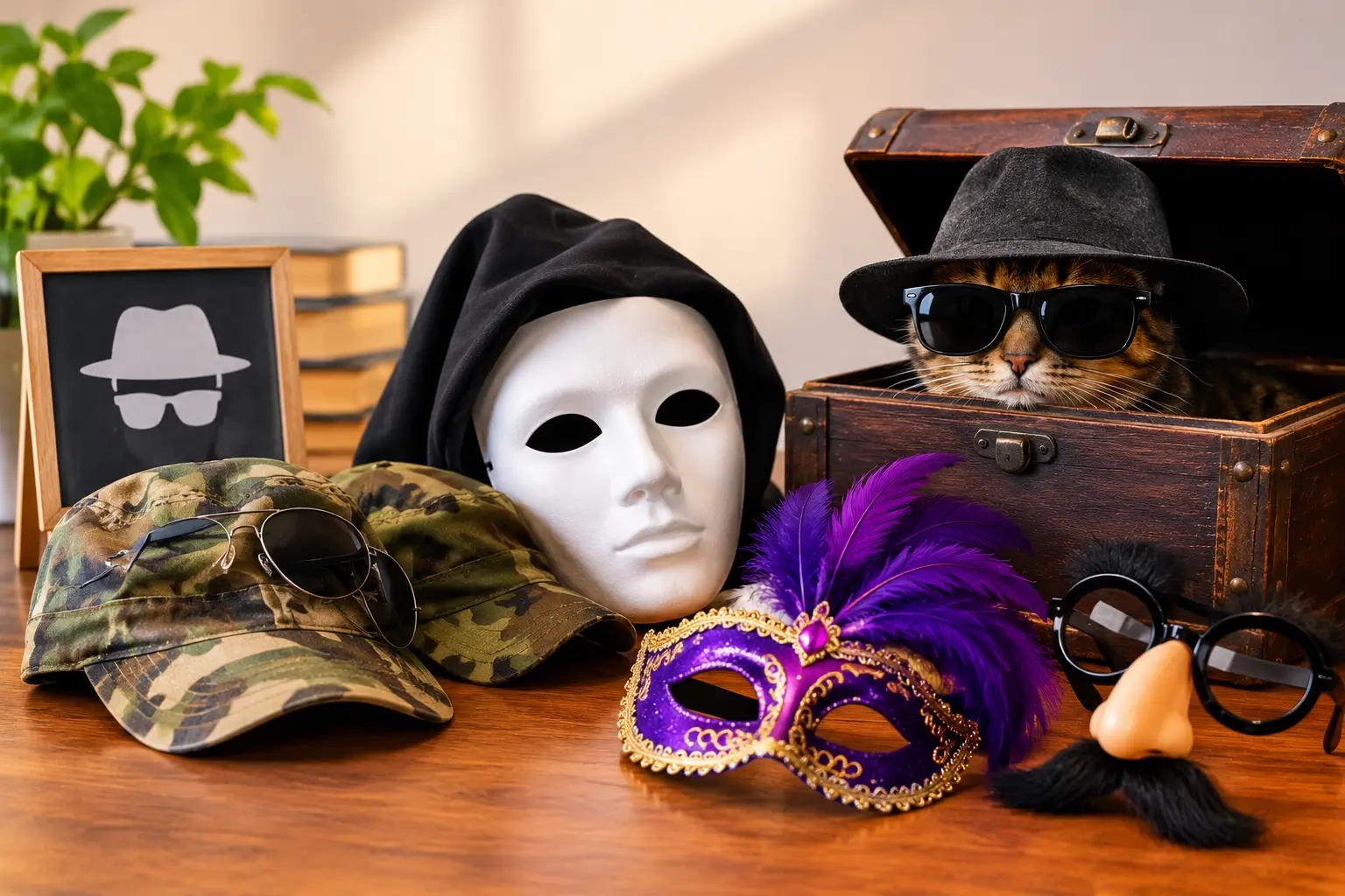 Synonyms of guise represented by masks, hats, sunglasses, and camouflage accessories.