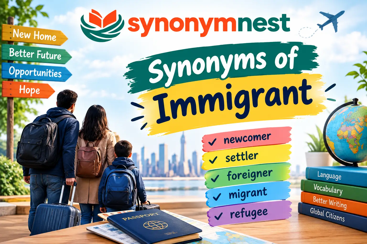 Synonyms of immigrant featuring a family with luggage, travel symbols, a city skyline, globe, and SynonymNest logo.
