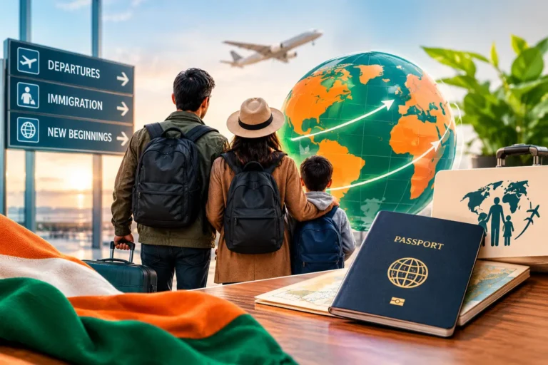 Synonyms of immigrant represented by a family traveling with luggage, passport, airplane, and globe. Image Descr