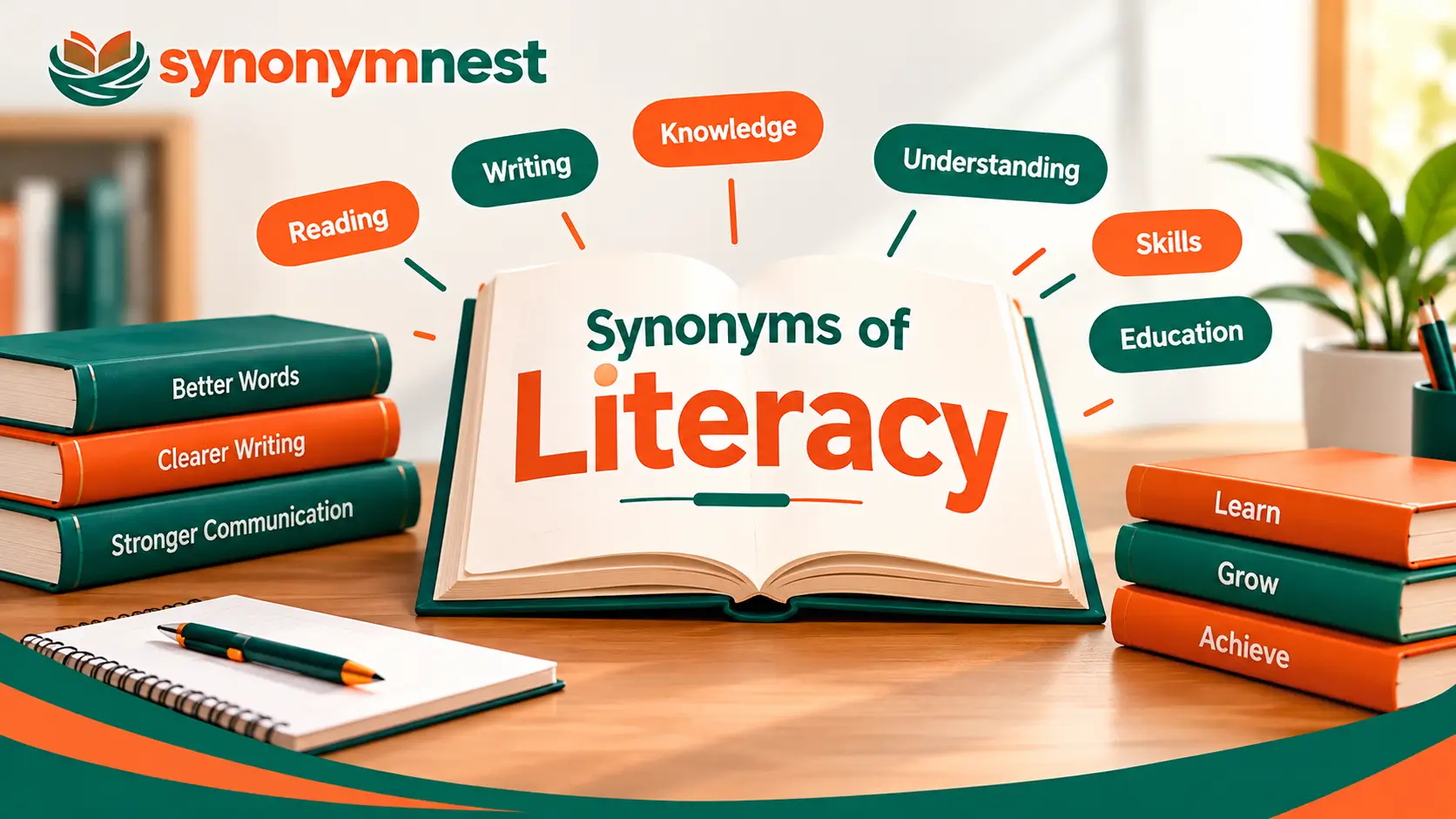 Synonyms of literacy with books, reading, writing, and learning concepts