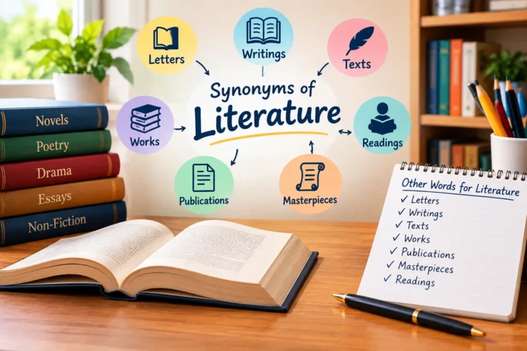 Synonyms of literature displayed with books, writing, texts, works, publications, and readings.