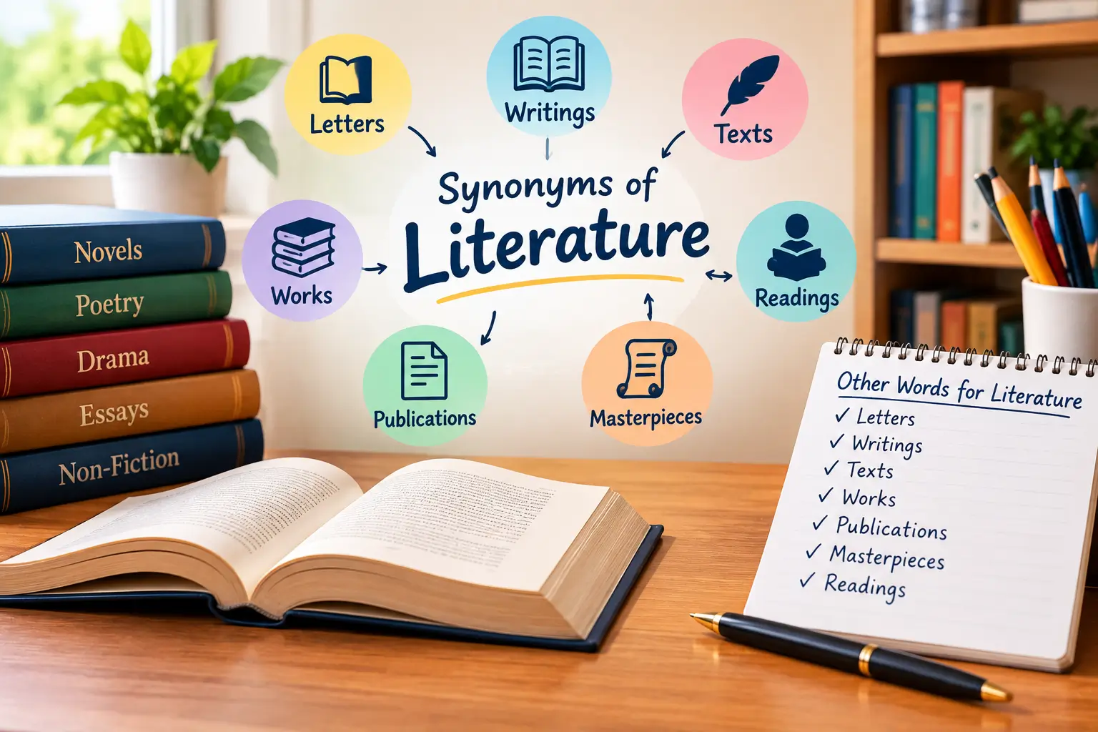 Synonyms of literature displayed with books, writing, texts, works, publications, and readings.