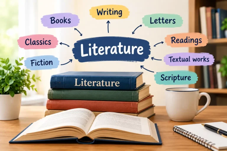 Synonyms of literature shown with books and a study setup.