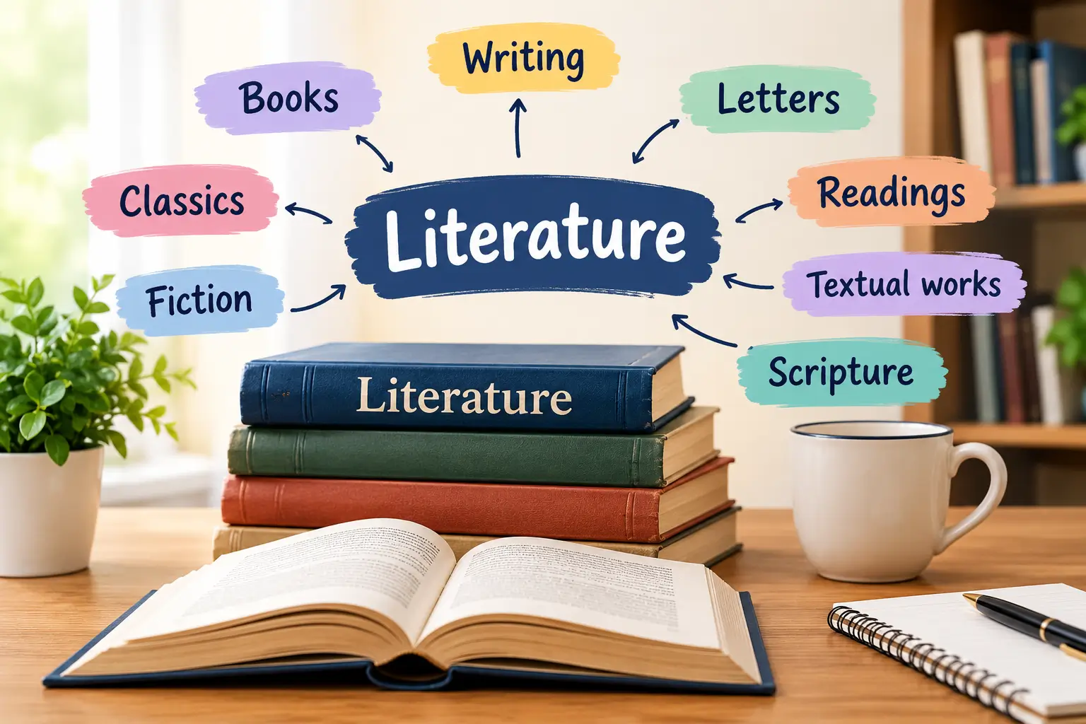 Synonyms of literature shown with books and a study setup.