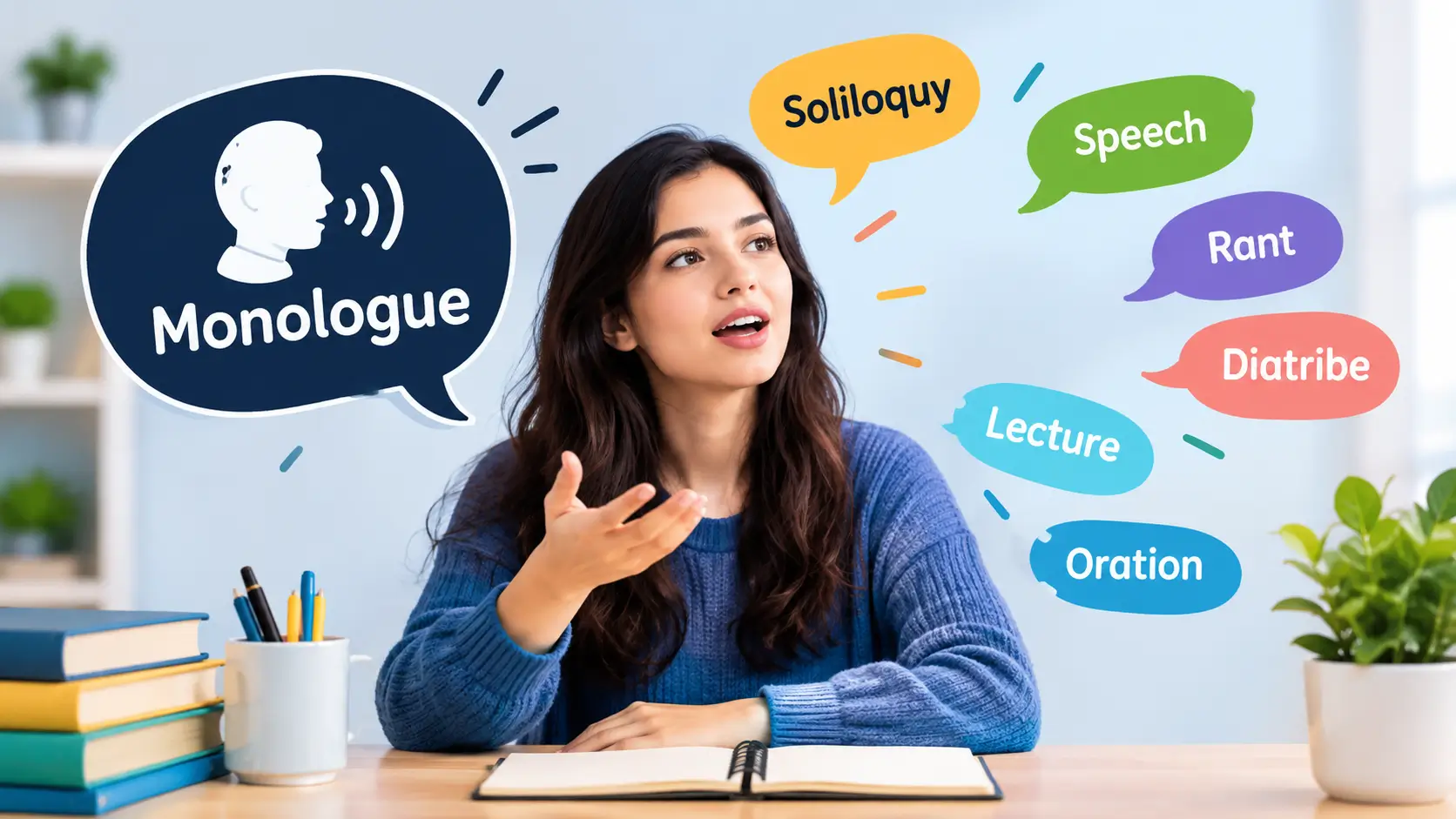 Synonyms of monologue with speech and soliloquy concepts in an educational setting.