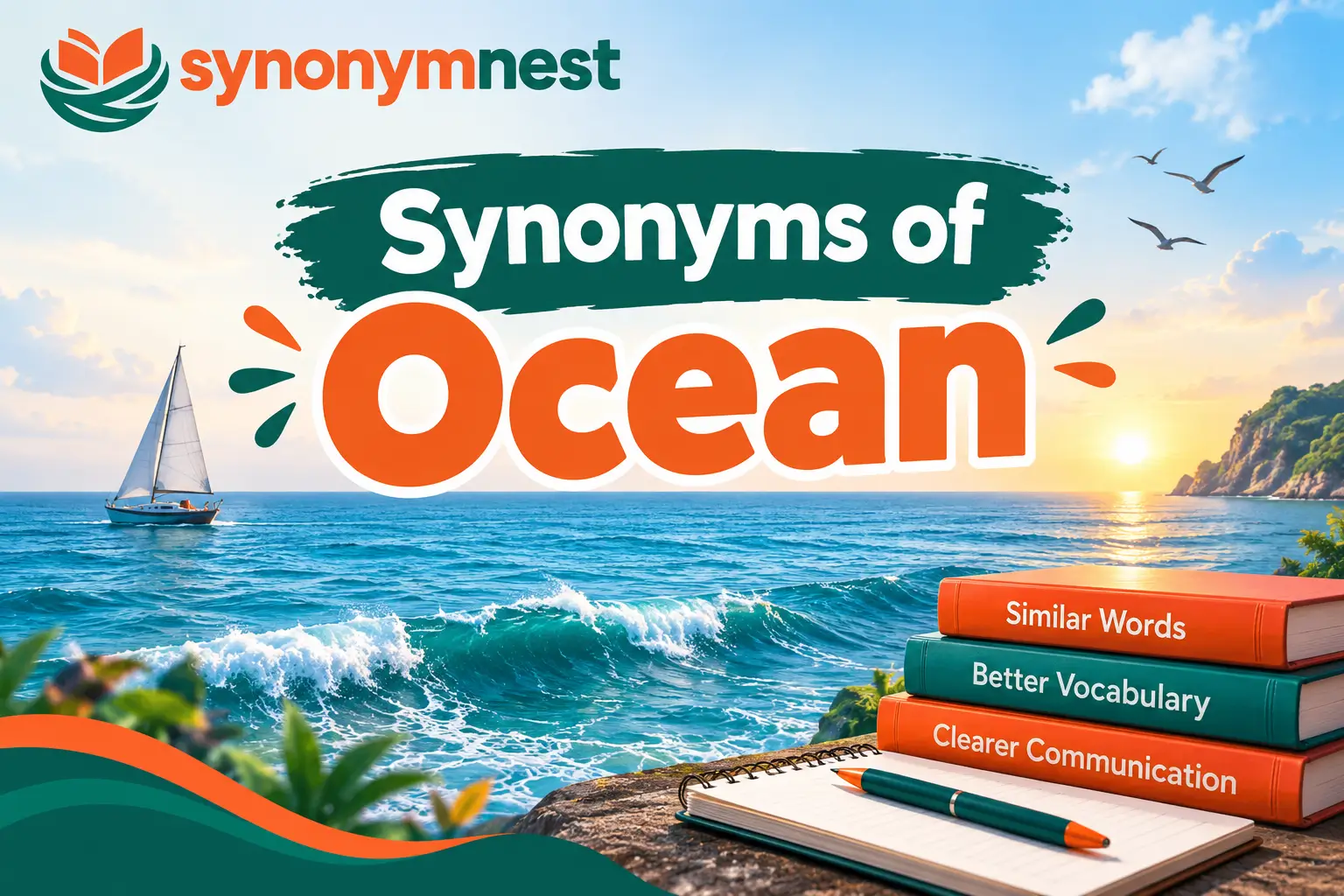 30 synonyms of ocean with a scenic ocean view and SynonymNest branding