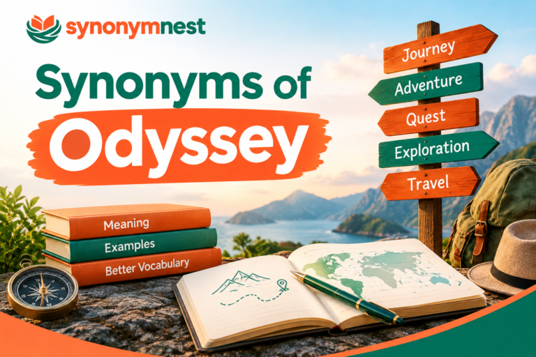 Synonyms of Odyssey featuring a journey, adventure, quest, exploration, and travel