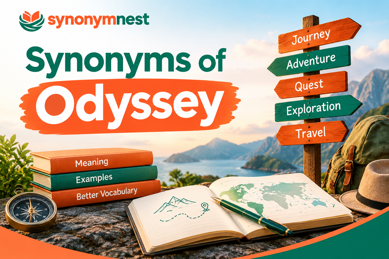 Synonyms of Odyssey featuring a journey, adventure, quest, exploration, and travel