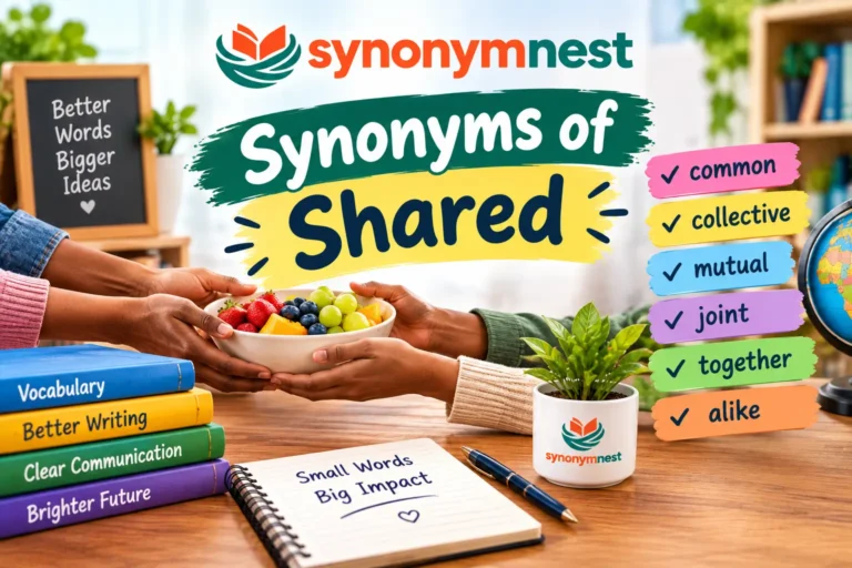 Synonyms of Shared featuring people sharing a fruit bowl with colorful vocabulary cards and SynonymNest logo.