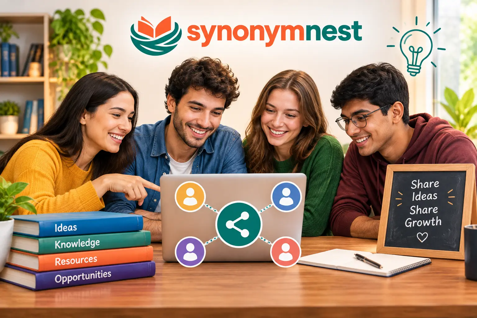 Synonyms of shared represented by people sharing ideas and knowledge with a collaboration network.