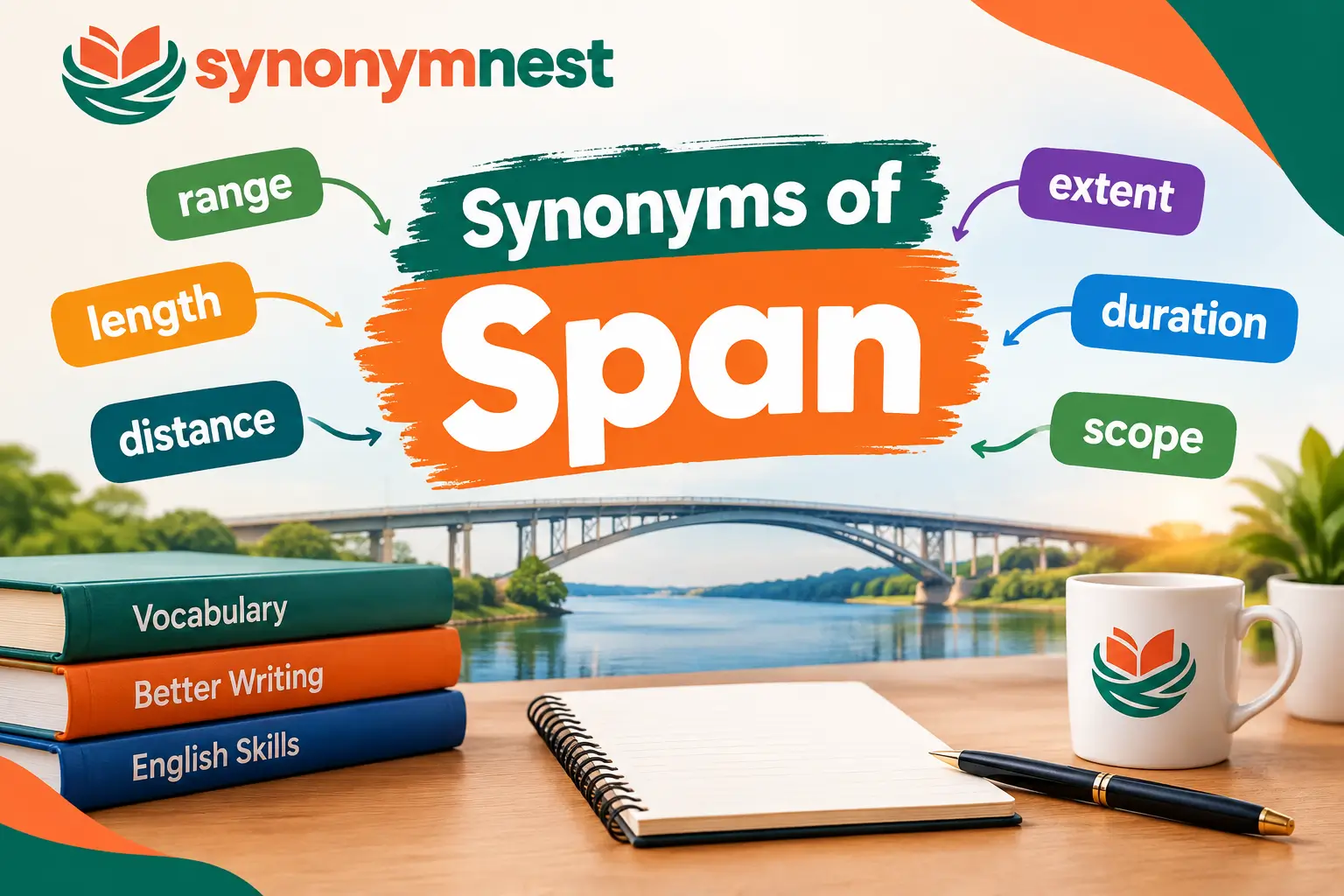 Synonyms of span with range, length, distance, extent, duration, and scope