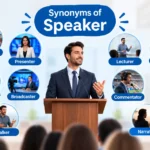 Synonyms of speaker with a modern speaker and speech bubbles showing orator, announcer, presenter, public speaker, lecturer, commentator, and narrator.