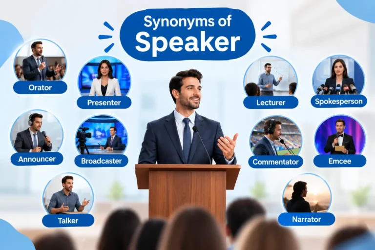 Synonyms of speaker with a modern speaker and speech bubbles showing orator, announcer, presenter, public speaker, lecturer, commentator, and narrator.