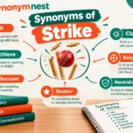 Synonyms of strike shown with a cricket ball hitting wooden stumps and vocabulary terms.