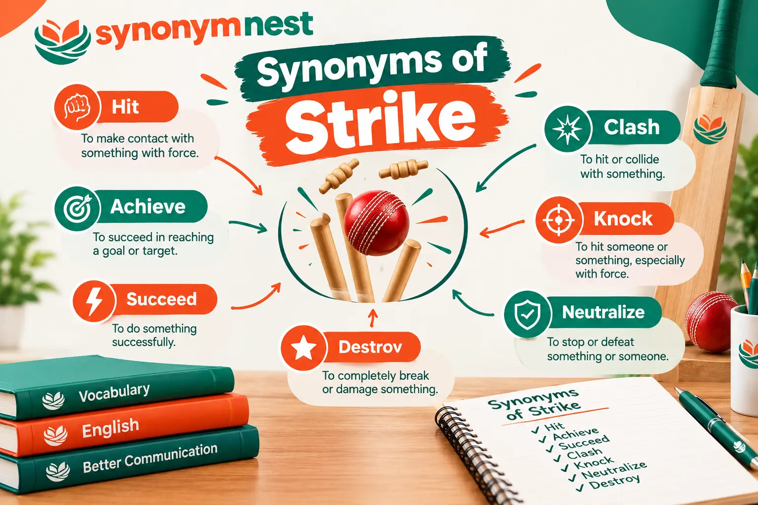 Synonyms of strike shown with a cricket ball hitting wooden stumps and vocabulary terms.