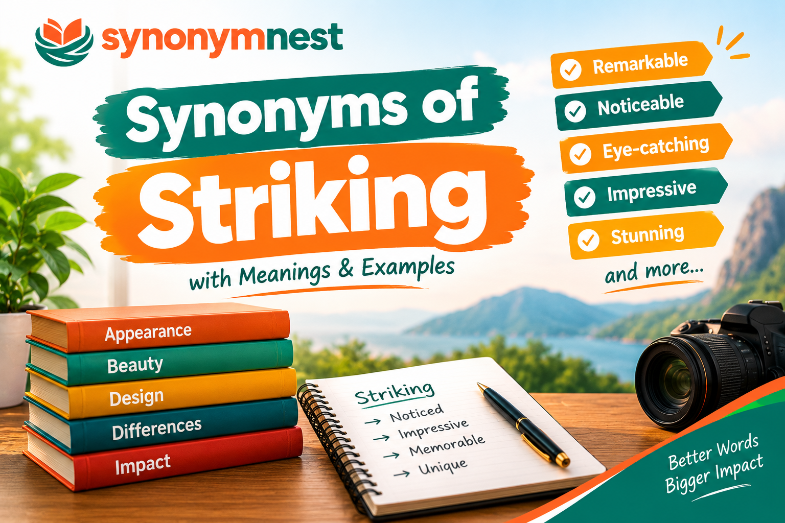 Synonyms of Striking with words representing noticeable, remarkable, impressive, stunning, and eye-catching