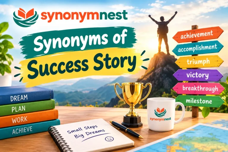 Synonyms of immigrant featuring a family with luggage, travel symbols, a city skyline, globe, and SynonymNest logo.