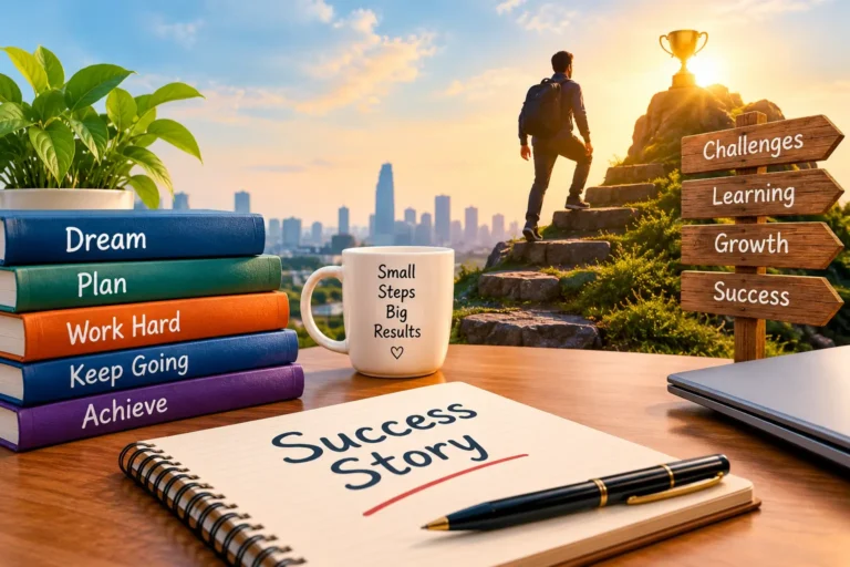 Synonyms of success story represented by a person reaching a mountain summit with a trophy.