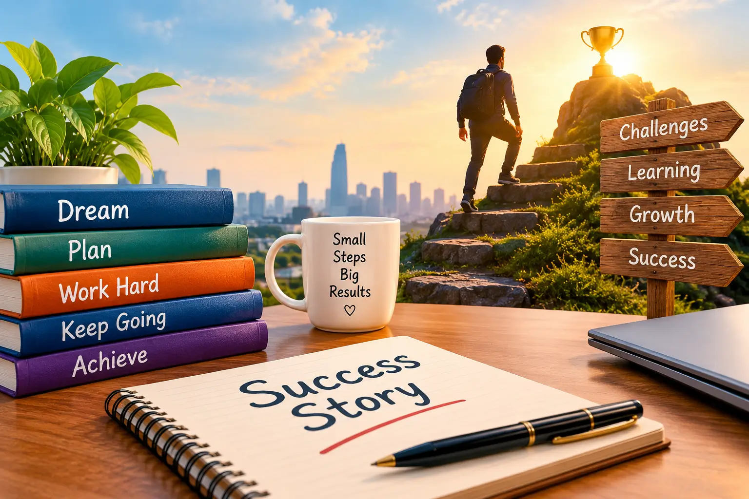 Synonyms of success story represented by a person reaching a mountain summit with a trophy.