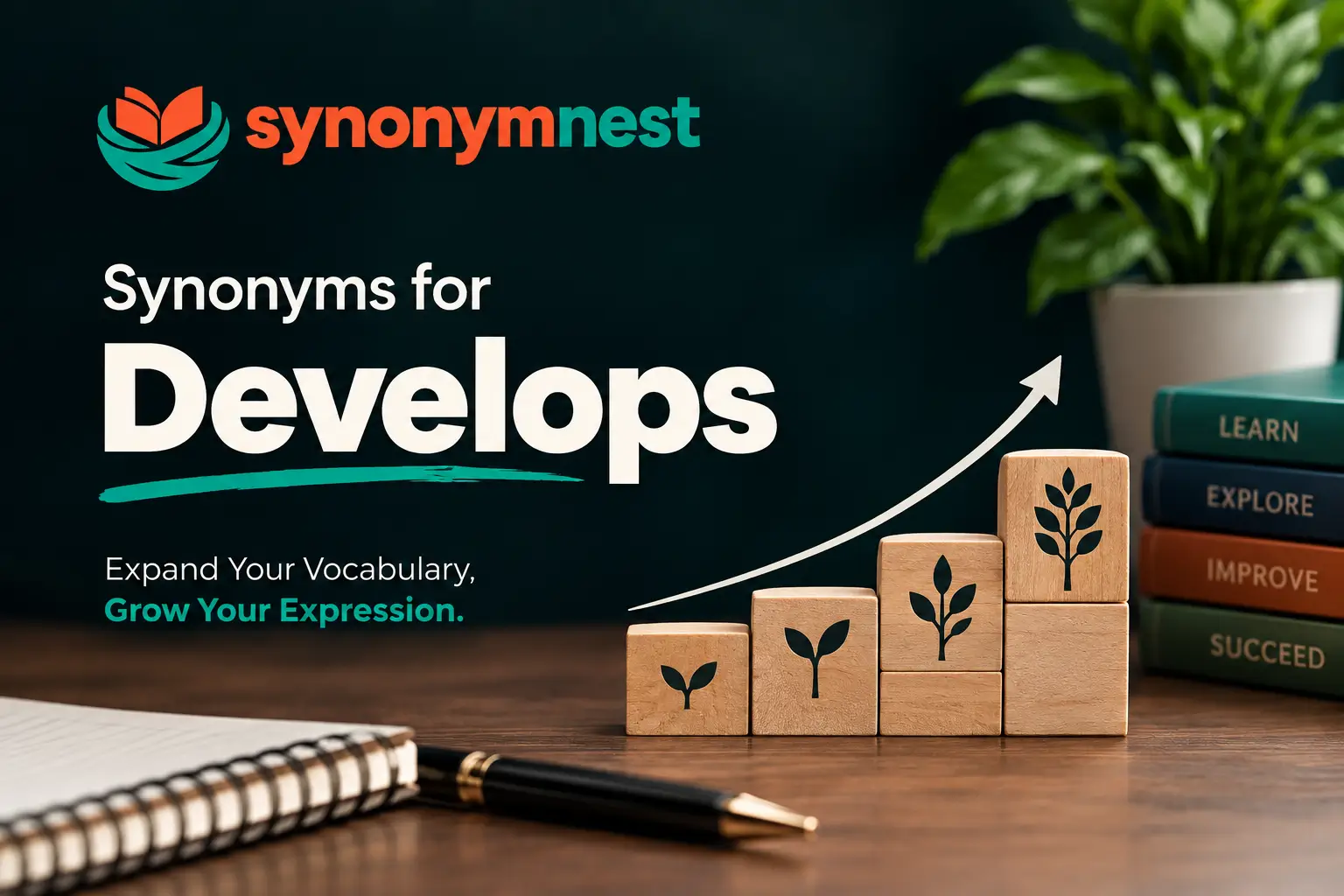 Synonyms for Develops featured image with Synonymnest logo and growth-themed vocabulary design