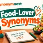 Food-lover synonyms featuring delicious, tasty, yummy, savory, and appetizing foods in Synonymnest brand colors. Copy alt text
