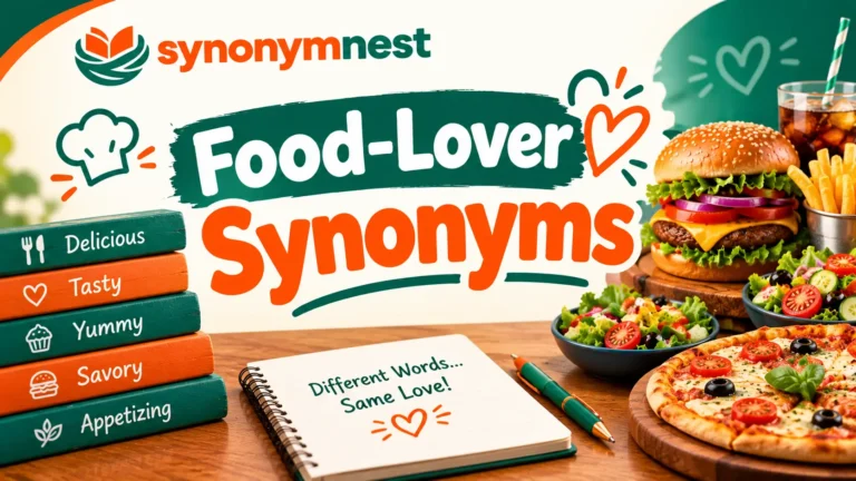 Food-lover synonyms featuring delicious, tasty, yummy, savory, and appetizing foods in Synonymnest brand colors. Copy alt text