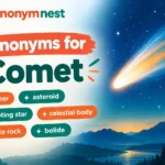 A bright comet with a glowing tail traveling through the night sky