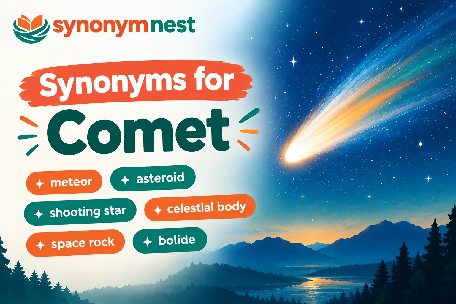 A bright comet with a glowing tail traveling through the night sky