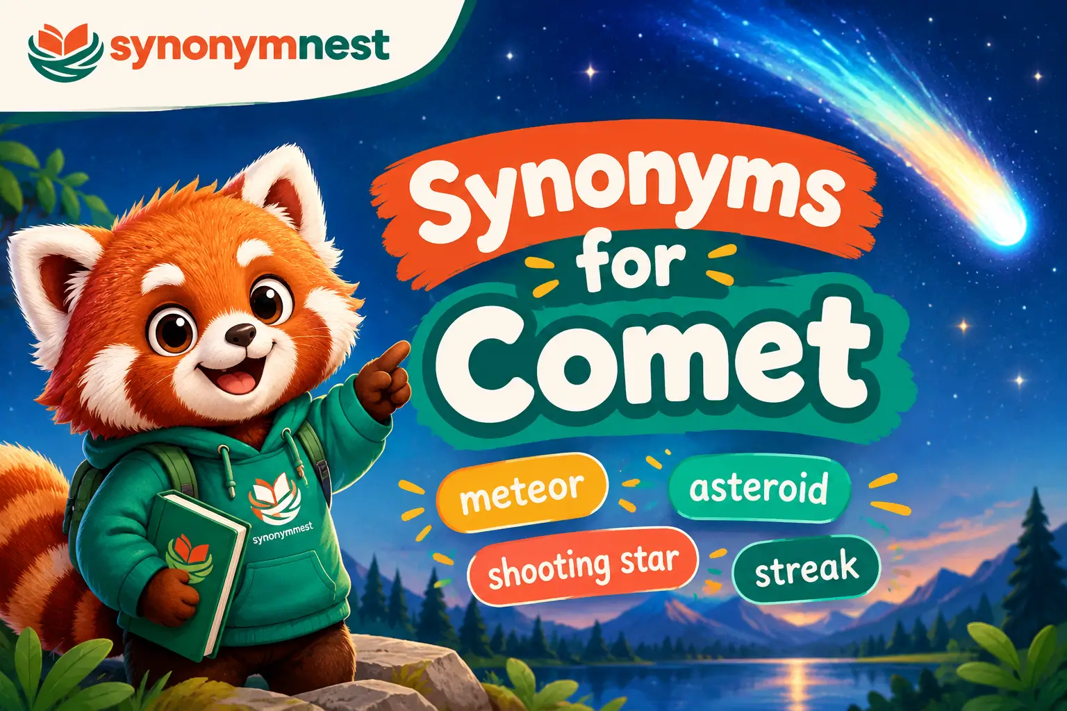 Synonyms for Comet feature image featuring a cute red panda mascot, a glowing comet in a starry night sky, and the SynonymNest logo in orange and teal colors, with related words like meteor, asteroid, shooting star, and streak.