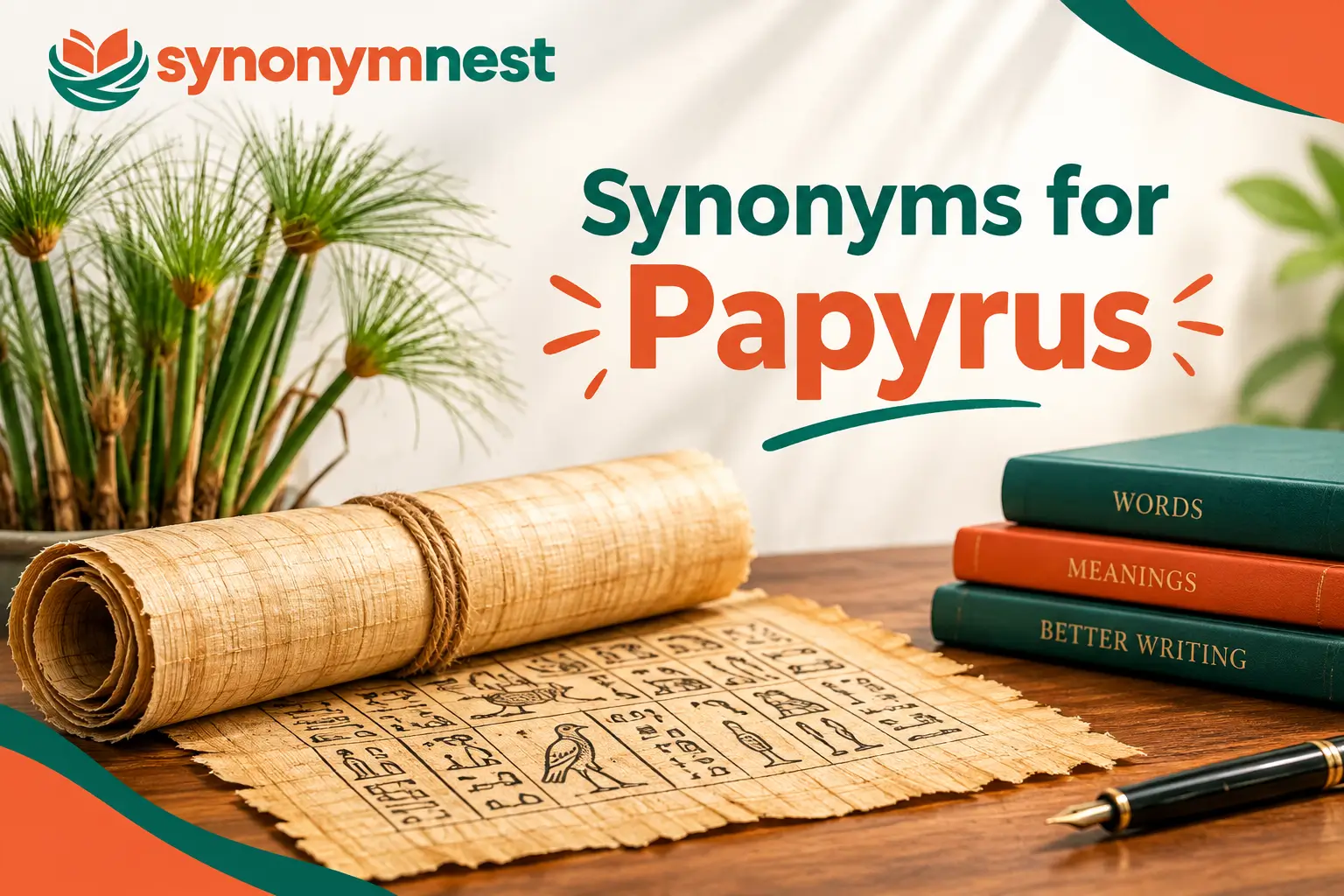 Ancient papyrus writing material with a scroll and reed plant