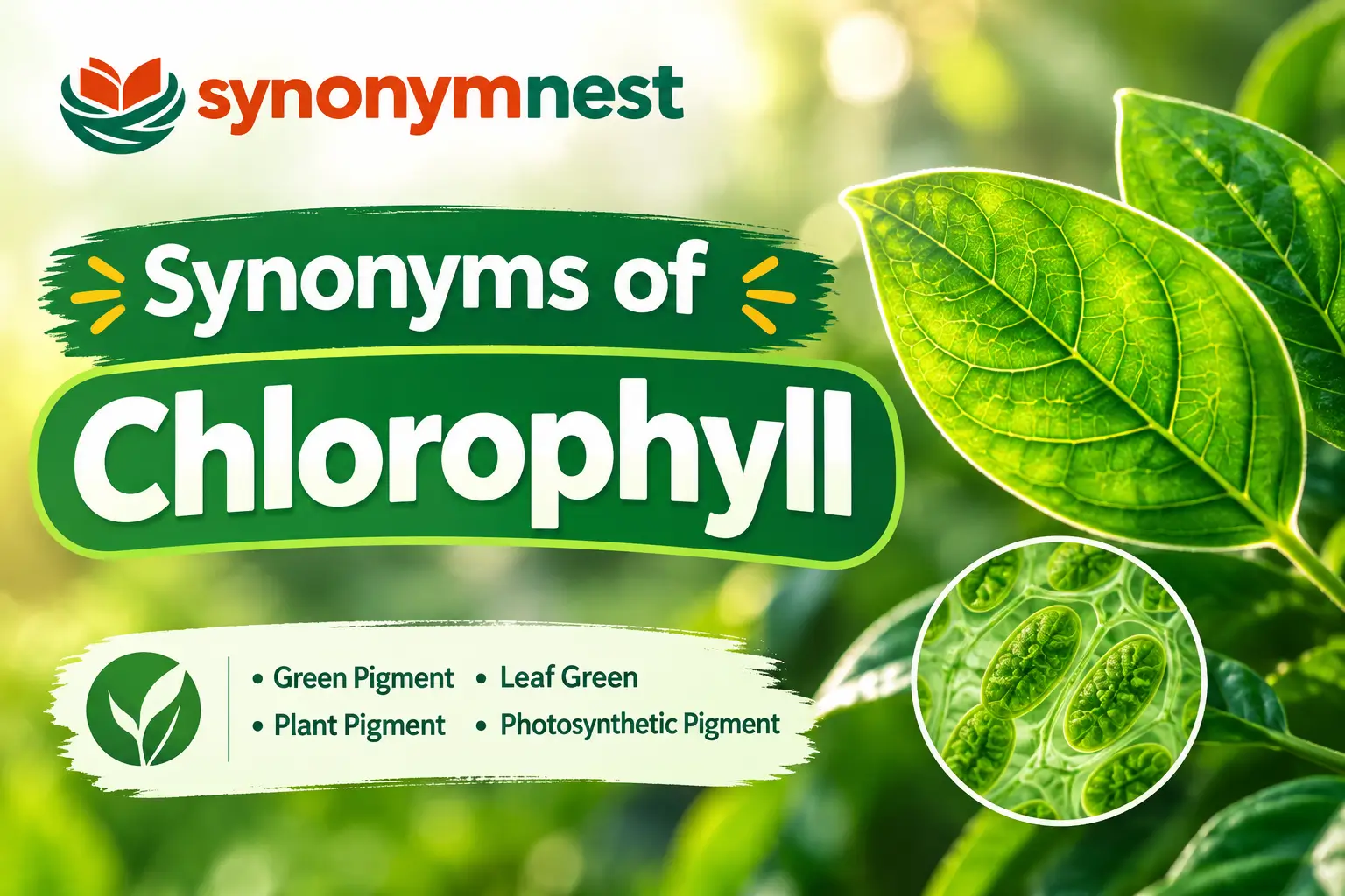 Synonyms of chlorophyll showing green pigment in plant leaves