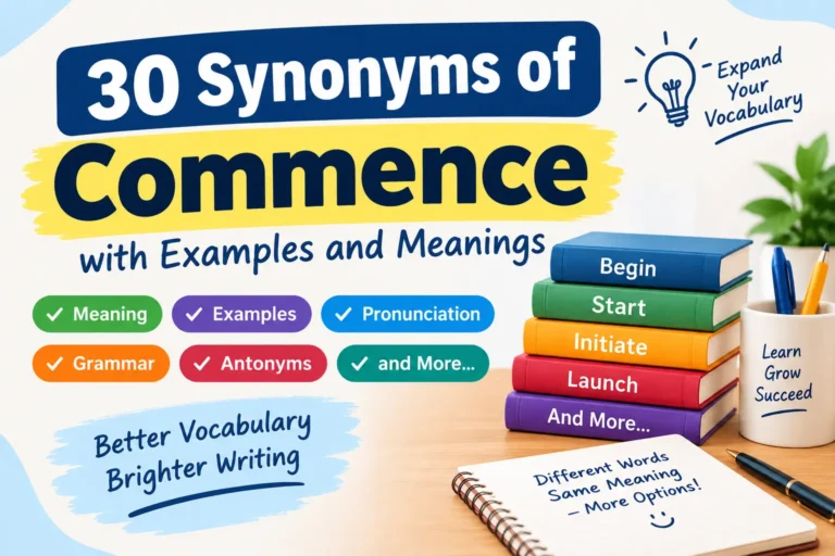 30 synonyms of commence with examples and meanings, including begin, start, initiate, and launch.